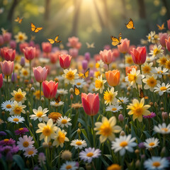 Fototapeta premium field of yellow flowers.Vibrant Spring Meadow with Tulips, Daisies, and Butterflies