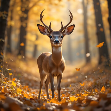 deer in the forest.Adorable Deer in Autumn Forest PathA captivating image of a young deer standing amidst a carpet of vibrant autumn leaves in a serene forest..