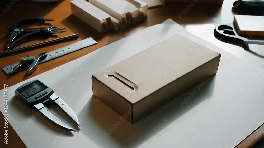 Poster multiple views of a cardboard box placed on a white sheet of paper, surrounded by engineering tools 