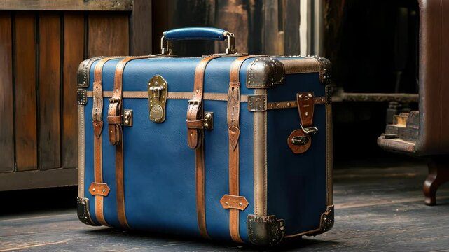 Vintage blue suitcase in elegant wooden interior setting
