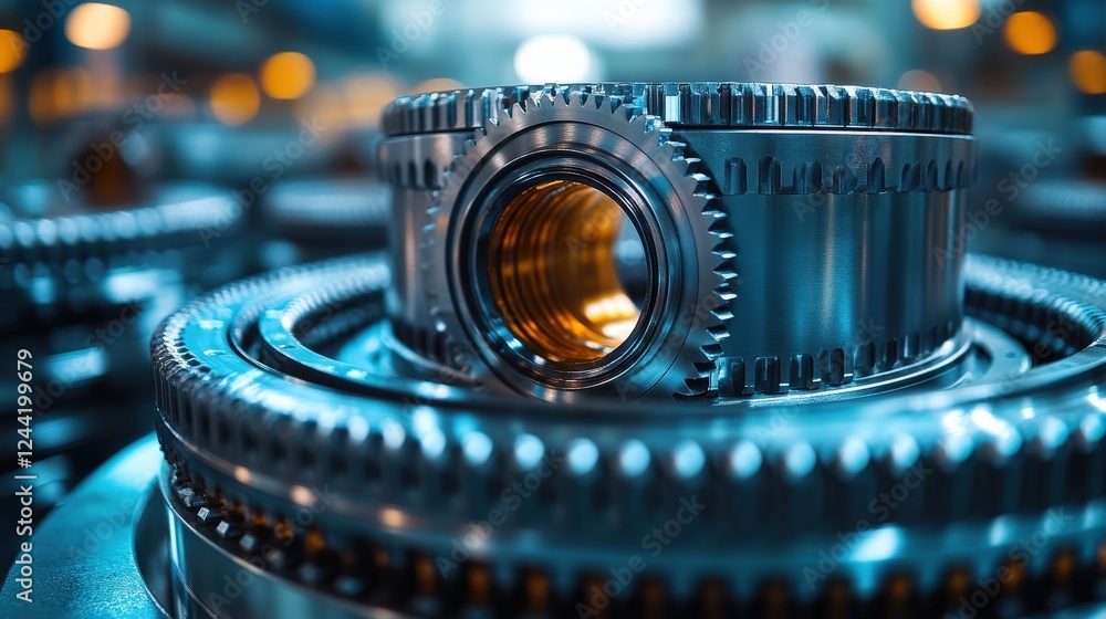 Aufkleber close-up view of precision-engineered metallic gears in a modern industrial workshop setting