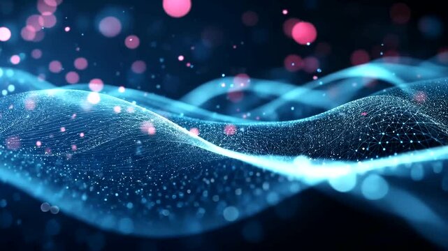 Abstract blue digital wave, glowing particles, dark background, tech concept