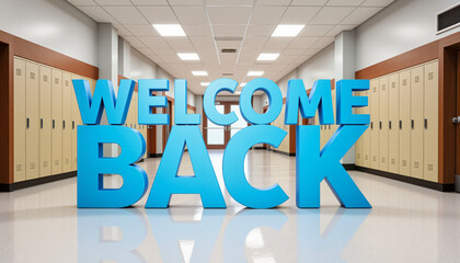 3D "Welcome Back" text in metallic blue floating in a brightly lit school hallway