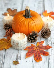 Festive Autumn Composition from Pumpkins and Colorful Leaves on White Wooden Background Thanksgiving Day Decor Inspiration