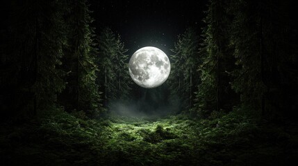 Naklejka premium Full moon over forest, mystical night scene, nature background, fantasy art