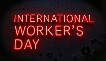 Glowing red neon text "International Worker's Day" on dark industrial backdrop, symbolizing labor rights