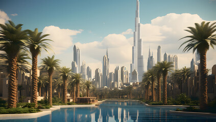 Skyscrapers and palm trees in Dubai. UAE