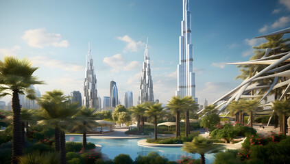 Skyscrapers and palm trees in Dubai. UAE