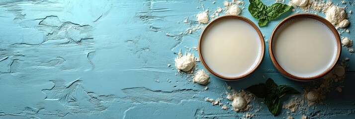 Fresh dairy products displayed on a blue wooden surface in a farm-themed advertisement layout