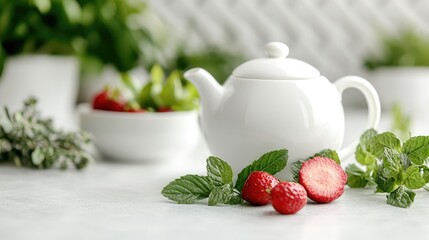 Fototapeta premium Fresh strawberry mint tea preparation; kitchen background