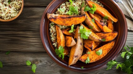 Fototapeta premium Roasted Sweet Potato Wedges with Quinoa: A Flavorful and Healthy Autumnal Dish