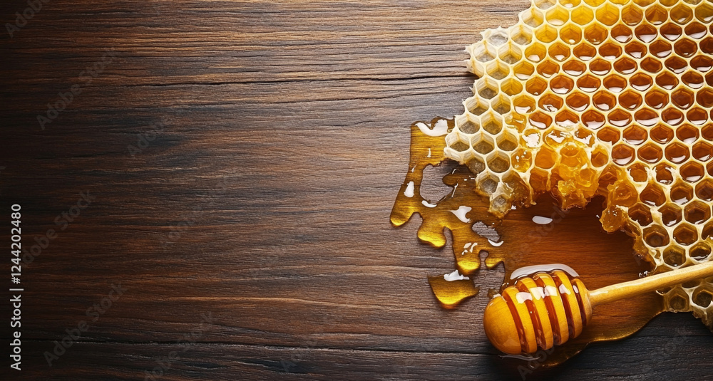 Poster honey drips from a honeycomb, creating shiny splashes on a rustic wooden surface. the natural sweetn