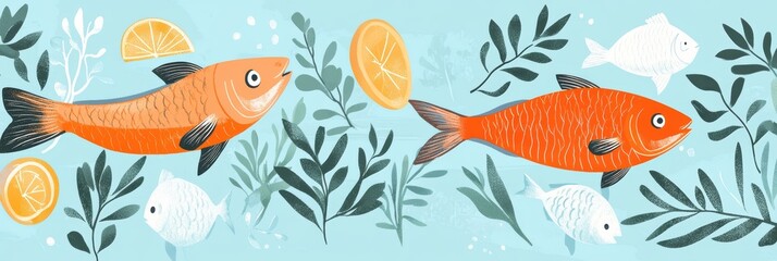 Fresh fish graphic layout with vibrant colors and nature elements for advertising