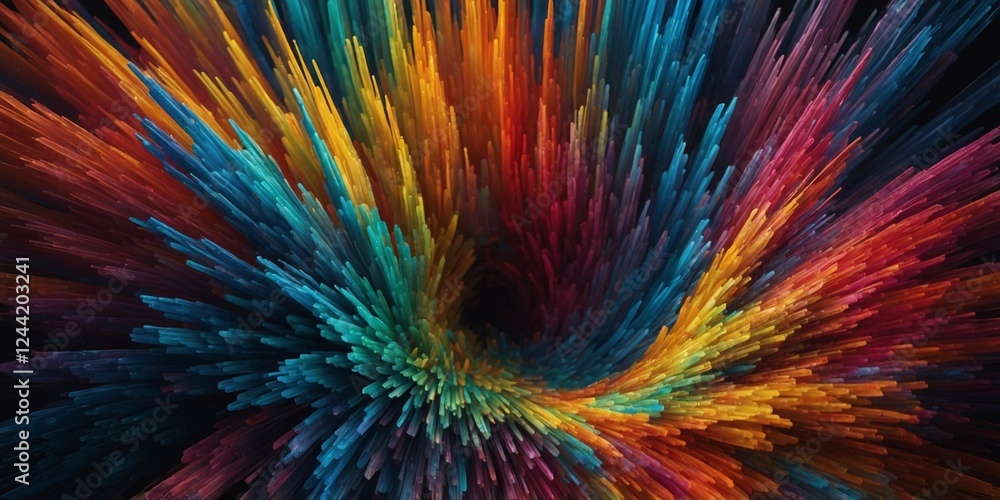 Poster dynamic swirl of vibrant colors creating an abstract burst pattern in a dark setting