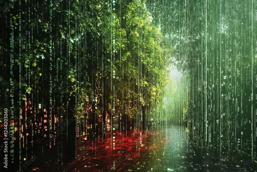 Poster digital rain forest with data stream vegetation . a serene forest scene featuring tall trees adorned