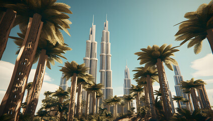 Skyscrapers and palm trees in Dubai. UAE