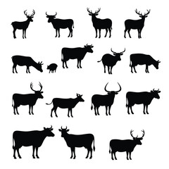 Fototapeta premium a collection of various farm animal silhouettes, including deer, cows, and a pig