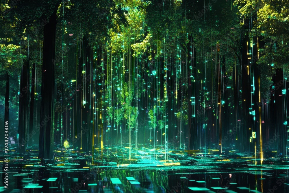 Poster digital rain forest with data stream vegetation . a serene forest scene featuring tall trees adorned