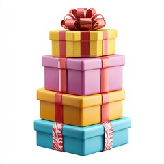 Obraz premium stack of colorful gift boxes with glossy wrapping and ribbons isolated on white