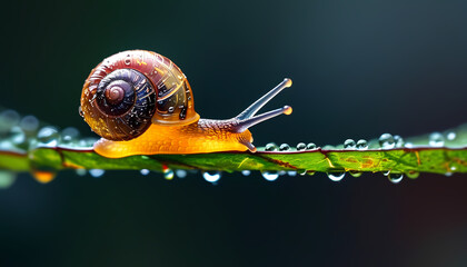 a snail is sitting on a leaf with water droplets