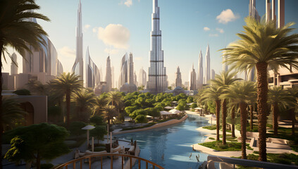 Skyscrapers and palm trees in Dubai. UAE