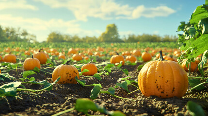 Obraz premium A large plantation of big, ripe pumpkins located on a field specialized in pumpkin cultivation, a pumpkin farm and plantation on a sunny day.