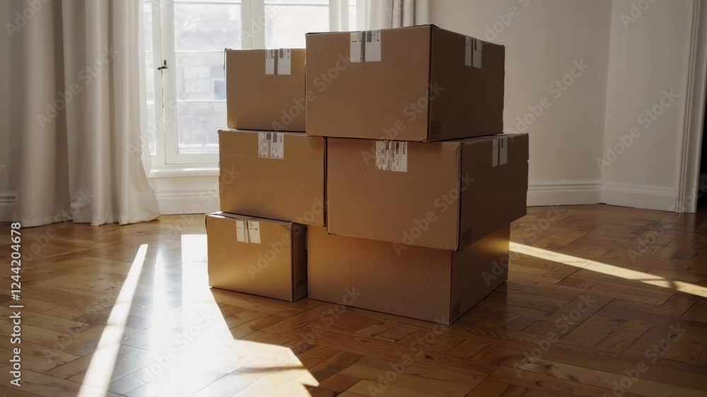 Aufkleber soft sunlight streaming through window, illuminating stacked cardboard boxes in empty room, highligh