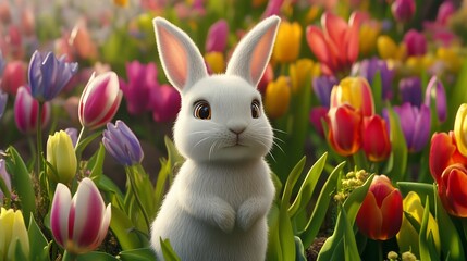 Obraz premium White rabbit sits amidst colorful tulips, spring garden