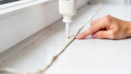 Person smoothing caulk bead along window edge, home improvement