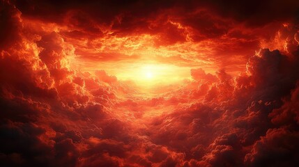 A dramatic sunset over a sea of clouds, creating a vibrant and fiery atmosphere.