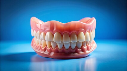 Obraz premium Realistic Dental Model with White Teeth and Gums Against Blue Background