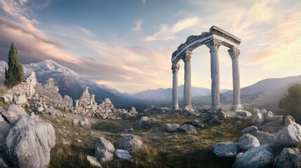 Fototapeta premium Majestic Ancient Ruins of a Forgotten Temple in a Mountainous Landscape