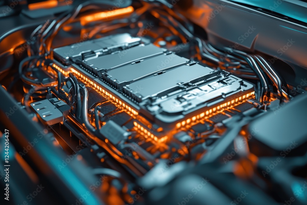 Poster detailed close-up of the connections and modules in an electric vehicle battery pack . a close-up vi