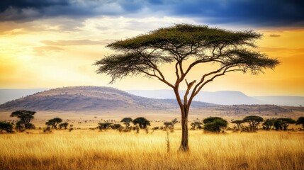 Obraz premium African Savanna Sunrise: A Majestic Landscape Painting of the Golden Hour