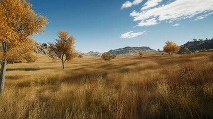 Fototapeta premium Stunning Autumnal Landscape: Golden Grass Field and Majestic Mountains