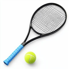 tennis racket with a bouncing ball, isolated on white