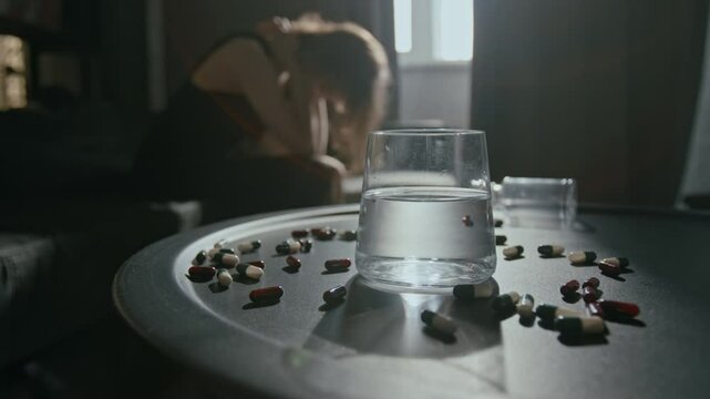 Close-up view of pills scattered around glass of water on black coffee table in foreground, young woman hunching over in moment of despair sitting on couch in background