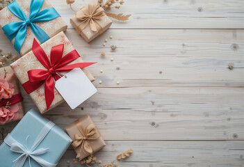 Fototapeta premium Gifts with decorative bows in red, blue, and beige on a wooden table. Tags hang off some presents, adding a personal touch for a special event