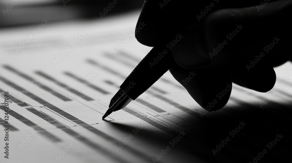 Aufkleber close-up of a hand holding a pen over printed documents with data analysis graphs in focus