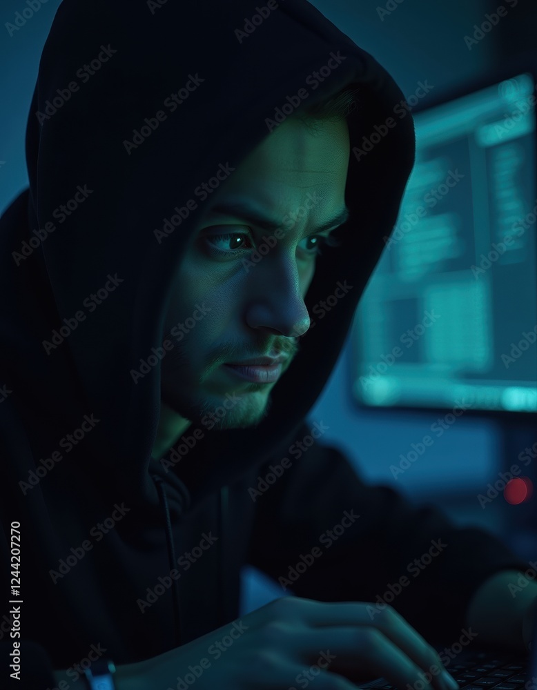 Aufkleber focused hacker in hoodie analyzing data in dimly lit tech environment
