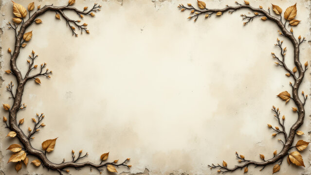 An ornate religious text frame with a vintage design featuring leaves and branches around an empty space.