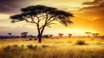 Obraz premium African Savanna Sunset: A Golden Hour Landscape Painting of the African Plains