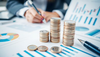 Businessperson Analyzing Financial Data with Stacked Coins and Charts - Investment and Economic Growth Concep