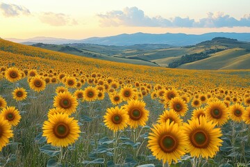Obraz premium Golden sunflower field stretches across rolling hills at sunset