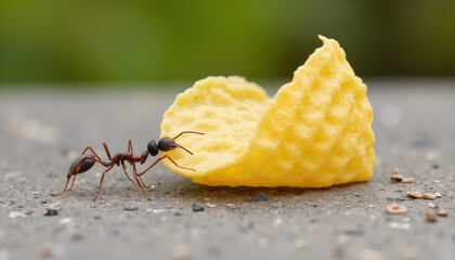 Ant struggling to carry a large potato chip