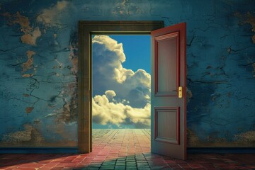 Open door in old room revealing a cloudy sky, surreal concept of doorway to heaven