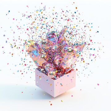 surprise gift box with a sparkling explosion of confetti isolated on white