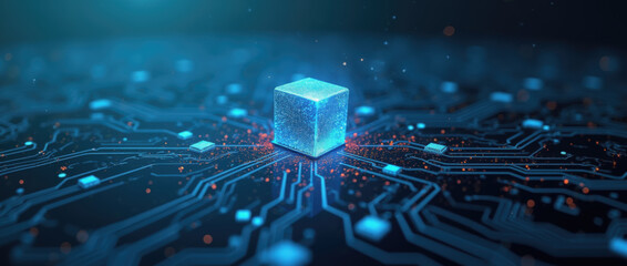 A glowing blue cube stands prominently on a dark circuit board, surrounded by intricate pathways and glowing dots, illustrating the intersection of technology and digital design