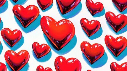 Seamless pattern with glossy red hearts and blue shadows on white background