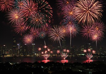 Vibrant fireworks display over city skyline at night